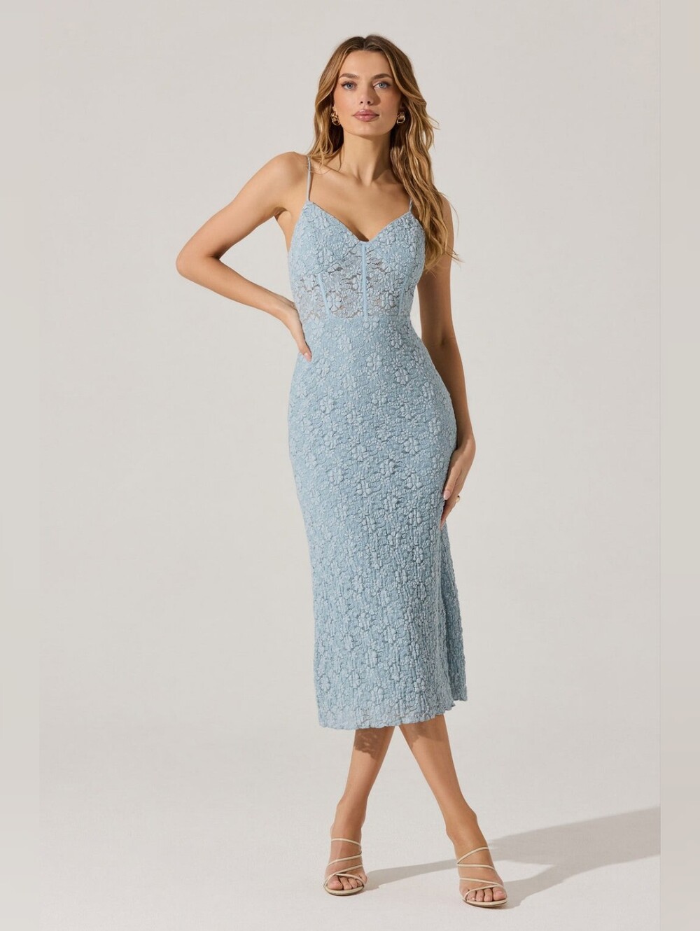 ASTR the Label Floral Lace Midi Dress Size Large L Dusty Blue Sheer Corset Knit